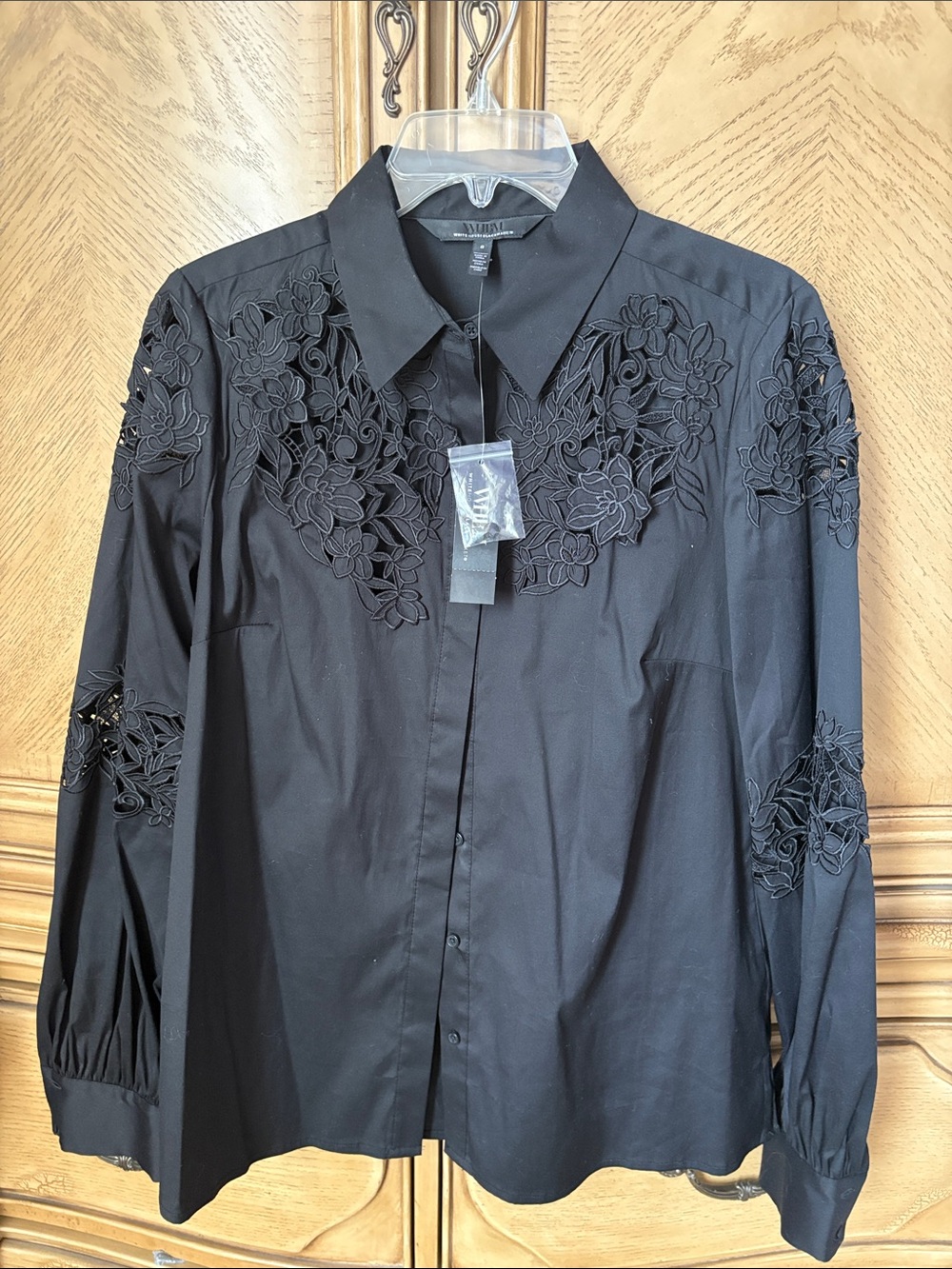 White House Black Market Black Floral Appliqué Button-Up Blouse